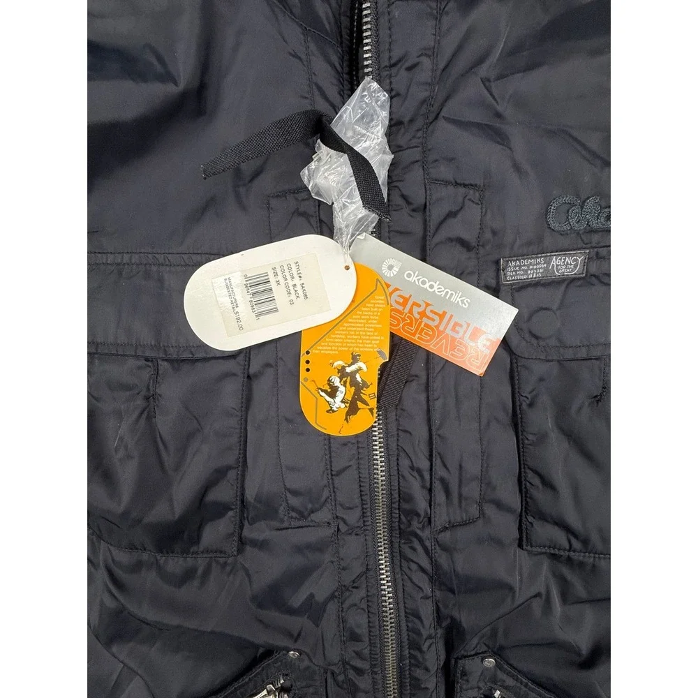 VTG Akademiks Mens Black Quilted Reversible Hooded Winter Puffer Jacket Fur Trim